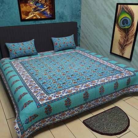 Traditional Mafia Floral Vine 100% Pure Cotton Printed Double Bedsheet with 2 Pillow Covers, King, Sea Blue