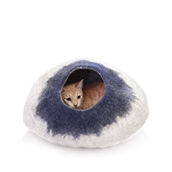 Kittycentric Cozy Cat Cave Bed - Handmade 100% Wool (Grey/Midnight Blue)