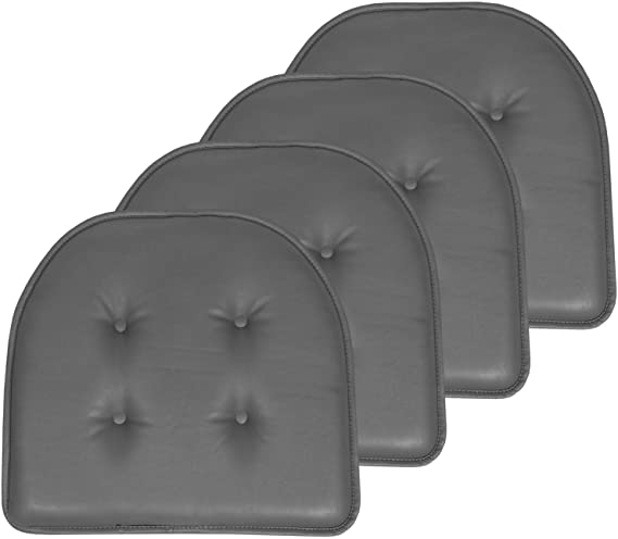 Sweet Home Collection Chair Cushion Memory Foam Pads Upholstered Non Skid Rubber Back U-Shaped 17" x 16" Seat Cover, 4 Pack, Faux Leather Gray