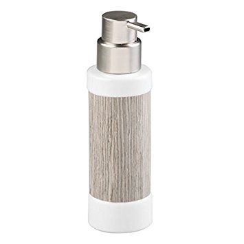 mDesign Liquid Hand Soap Ceramic Dispenser Pump Bottle for Kitchen, Bathroom | Also Can be Used for Hand Lotion & Essential Oils - White Ceramic with Gray Wood Accents, Brushed Pump