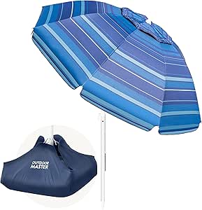 OutdoorMaster Beach Umbrella with Sand Bag - 6.5ft Beach Umbrella with Sand Anchor, UPF 50  PU Coating with Carry Bag for Patio and Outdoor - Dark Blue Striped