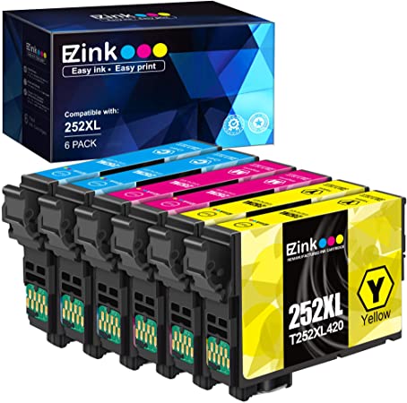 E-Z Ink (TM) Remanufactured Ink Cartridge Replacement for Epson 252 XL 252XL T252XL to use with Workforce WF-3620, WF-3640, WF-7110, WF-7610, WF-7620, WF-7210 (2 Cyan, 2 Magenta, 3 Yellow, 6 Pack)