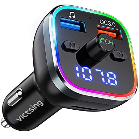 VicTsing FM Transmitter for Car, Bluetooth 5.0 Car Radio Audio Adapter with QC3.0 Quick Charge & 6 RGB Colorful Light, MP3 Player Car Charger Support Hands-free Calling, USB Drive, TF Card,Black