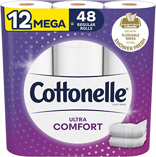 Cottonelle Ultra Comfort Toilet Paper, Strong Bath Tissue, 12 Mega Rolls (Equals 48 Regular Rolls)