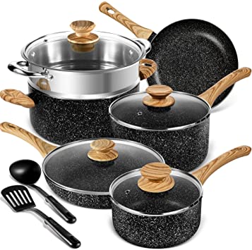 MICHELANGELO Pots and Pans Set 12Pcs, Non Stick Cookware Set, Pots and Pans Sets Non Stick, Non Stick Saucepans Set and Frying Pans Set with Spatula & Spoon, Black
