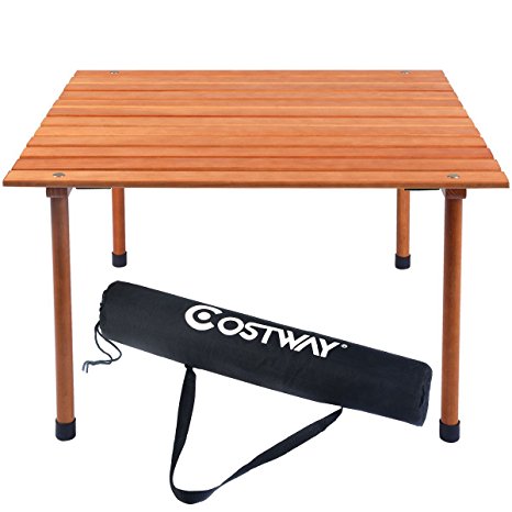 Costway Table in a bag Wood Roll Up Folding Portable Table With Carrying Bag, Brown,Great for Camping,Picnics,Beach