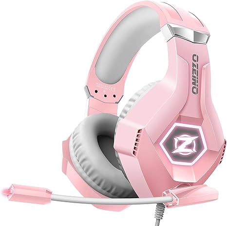 Ozeino [2024 New] Gaming Headset for PS4, PS5, PC, Xbox One Controller, Noise Cancelling Over Ear Headphones with Mic, LED Light, Bass Surround, Soft Memory Earmuffs -Pink