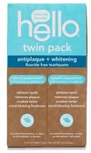 Hello Antiplaque and Whitening Fluoride Free Toothpaste, Natural Peppermint Flavor, SLS Free, Gluten Free, and Peroxide Free, 4.7 Ounce (Twin Pack)