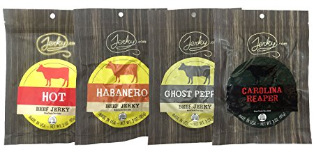 All Natural Hot Beef Jerky Sampler - HOT TESTER 4 PACK - No Added Preservatives, No Added MSG or Nitrates, Farm Raised Beef - 12 total oz.