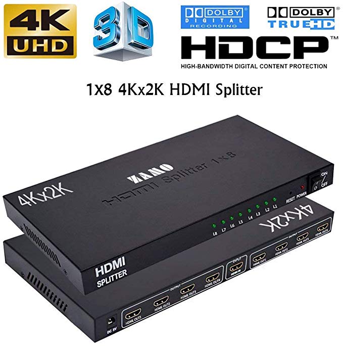 1 x 8 HDMI Splitter, ZAMO 1x8 Powered 1080P V1.4 Certified HDMI Splitter with One Input to Eight Outputs ，Support Full Ultra HD 4K/2K and 3D Resolutions
