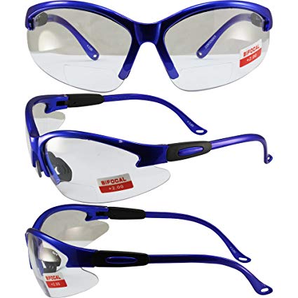Global Vision Cougar Bifocal Safety Glasses Blue Frame Clear 2.0x Magnification Lens ANSI Z87.1