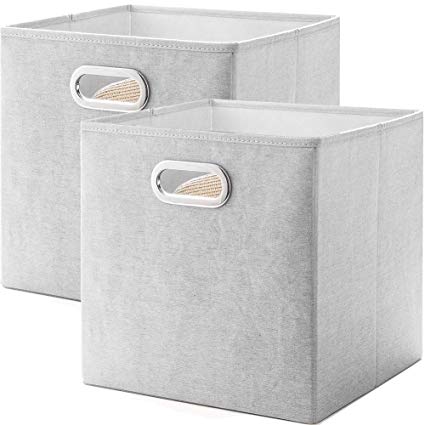 MEETMISS 12.6" Cube Storage Bins Set of 2,No Smell Polyester-Cotton Fabric Foldable Organizer with Stainless Steel Handle Boxes Baskets Containers for Clothes Shelf Closet Grey