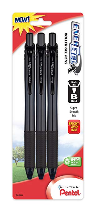 Pentel EnerGel-X Retractable Liquid Gel Pen, 1.0mm, Metal Tip, Black Ink, Pack of 3 (BL110BP3A)