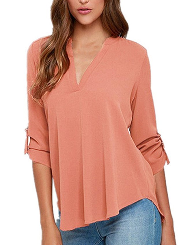 ZANZEA Women's Plus Size Chiffon Solid V Neck Cuffed Sleeve T Shirt Blouse Tops