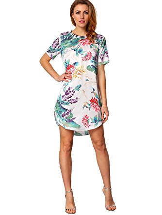 OEUVRE Womens Short Sleeve Casual Plain Floral Printed Pullover Dress