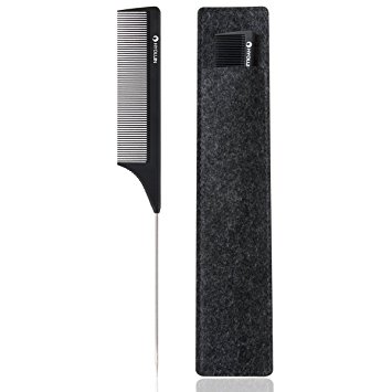 HYOUJIN608 Black Carbon Metal Pintail Teaser Comb, Rattail Lift Comb, Sharp Tail Comb with Non-skid Paddle-Perfect Lifting Fluffing-Incredibly Lightweight, Anti static, Heat Resistant