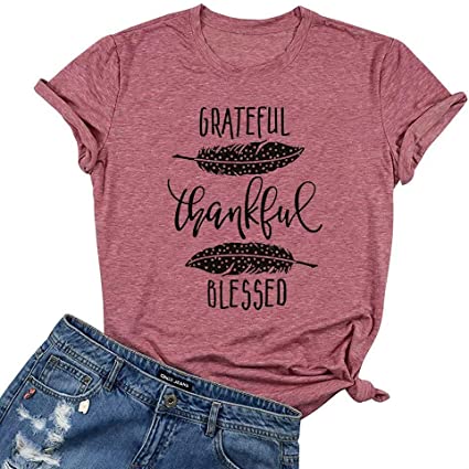 Grateful Thankful Blessed Thanksgiving Shirt Women Funny Letter Feather Print Fall Graphic Tee T-Shirts Tops