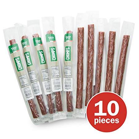CHOMPS Grass Fed Italian Style Beef Jerky Snack Sticks, AIP Diet Compliant, Whole30/Keto/Paleo Approved, Non-GMO, Gluten & Sugar Free, 100 Calorie Snacks, 1.15 Oz Meat Stick, Pack of 10