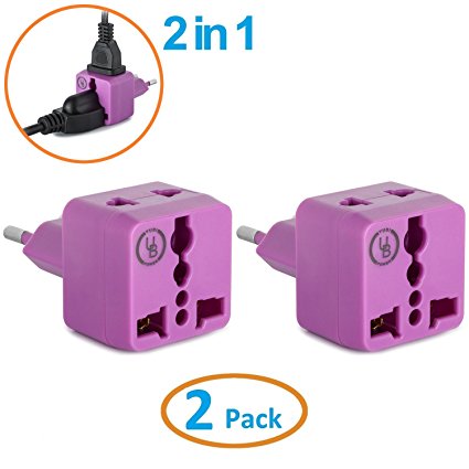 Yubi Power 2 in 1 Universal Travel Adapter with 2 Universal Outlets - Built in Surge Protector - Purple 2 Pack - Type C for France, Germany, Hungary, Portugal, Russia, Spain, Sweden, Egypt, Turkey