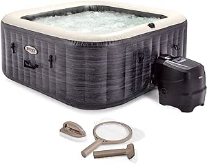 Intex PureSpa Plus Greystone Inflatable Square Outdoor Hot Tub Spa, 83" x 28" with PureSpa Maintenance Accessory Brush, Skimmer, and Scrubber Kit