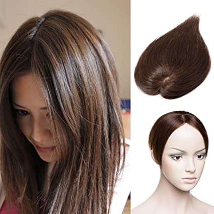 Benehair Clip in Top Hair Piece for Women Silk Base Crown Topper 16 inch Medium Brown #4 Human Hair Hand-Made Toupee Middle Part Short Hair Extension for Thinning Grey Hair 100% Density Hairpiece