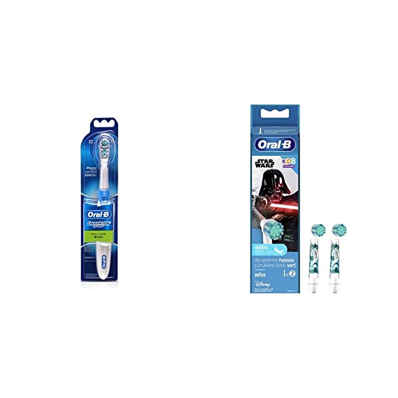 Oral B Cross Action Battery Powered Toothbrush & Oral-B Kids Electric Rechargeable Toothbrush Heads Replacement Refills Featuring Star Wars Characters (Pack of 2)