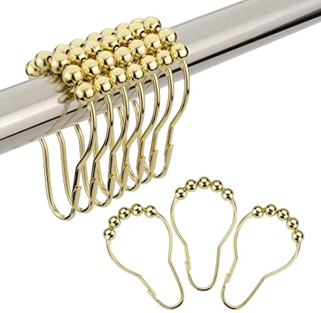 KUNAW Shower Curtain Hooks Rings,Stainless Steel Golden Chrome Slide Shower Curtain Rings Hooks for Bathroom Shower Rods Decorative Shower Curtain,Set of 12 Pack
