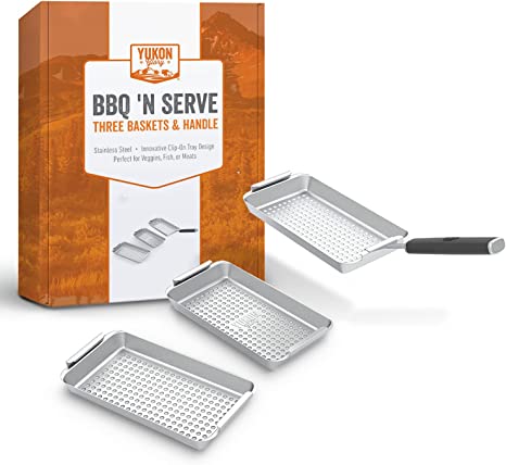 Yukon Glory BBQ 'N SERVE™ Grill Basket Set - Includes 3 Grilling Baskets & Clip-on Handle - Revolutionary Patent Pending Grill to Table Design Perfect Grill Pan For Grilling Fish Veggies & Meats