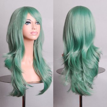 28 " Long Big Wavy Hair Heat Resistant Cosplay Wig Hair Extensions Mint Green