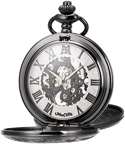 ManChDa Retro Mens Black Blue Double Open Skeleton Mechanical Roman Numerals Pocket Watch with Chain Gift