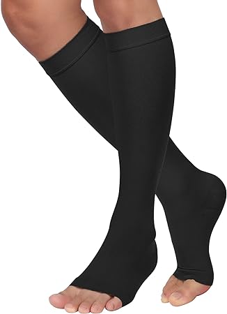 MGANG Compression Socks, 15-20 mmHg Graduated Knee High Compression Stockings for Unisex, Class I, Open Toe, Opaque, Support Hose for DVT, Pregnancy, Varicose Veins, Relief Shin Splints, Black L