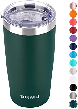 SUNWILL 20oz Tumbler with Lid, Stainless Steel Vacuum Insulated Double Wall Travel Tumbler, Durable Insulated Coffee Mug, Powder Coated Dark Green, Thermal Cup with Splash Proof Sliding Lid