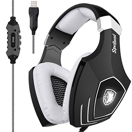 Sades [2018 Newly Updated USB Gaming Headset] A60/OMG Computer Over Ear Stereo Headsets Headphones With Microphone for PC and MAC with Noise Reduction & Volume Control LED Light (Black&White)