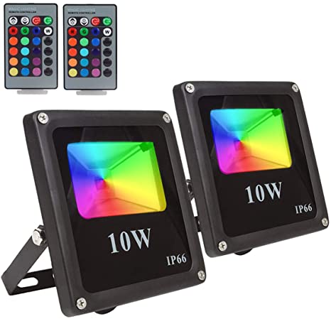 (2 Pack) RGB LED Flood Lights, Outdoor Color Changing Floodlight With Remote Control, IP66 Waterproof 16 Colors 4 Modes Dimmable Wall Washer Light, Stage Lighting with US 3-Plug ,AC85-265V,10W