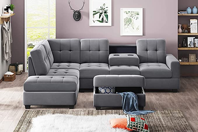 GAOPAN Convertible 6-Seat Sectional Chaise Lounge and Ottoman for Living Room Furniture,L-Shape Couch Classic Tufted Style Sofa with Two Cup Holders, Gray 1