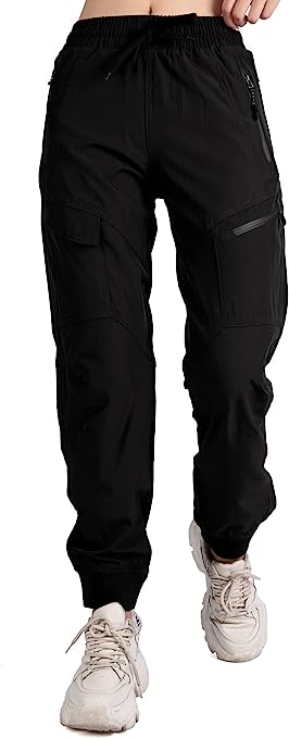 Singbring Women's Athletic Hiking Cargo Joggers Pants Outdoor Workout Lightweight Quick Dry UPF 50 Zipper Pockets