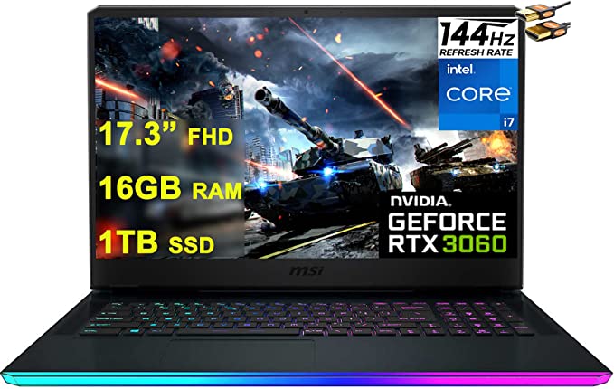 MSI Flagship GE76 Raider Gaming Laptop 17.3” FHD IPS 144Hz 11th Gen Intel 8-Core i7-11800H 16GB RAM 1TB SSD GeForce RTX 3060 6GB Backlit Thunderbolt USB-C MiniDP 2.5Gb Ethernet Win10   HDMI Cable