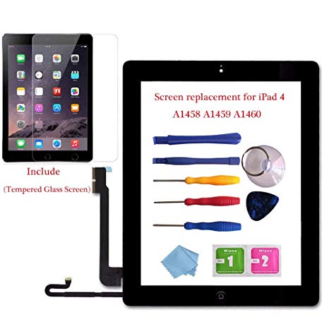 for iPad 4 Glass Touch Screen Digitizer Replacement Kit Black A1458, A1459, A1460 with Home Button Flex, Adhesive Tape, Midframe Bezel, Screen Protector, Instruction Manual，and Repair Toolkit