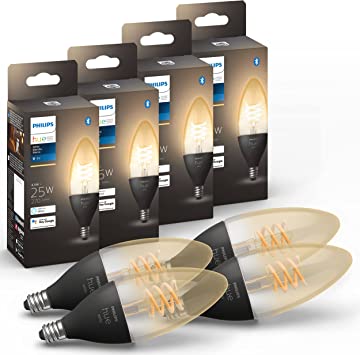 Philips Hue White Dimmable Smart Filament Candle, 2100K LED Vintage Edison Bulb, Bluetooth & Hub Compatible (Hue Hub Optional), Voice Activated with Alexa, 4-Pack, (R4563601)