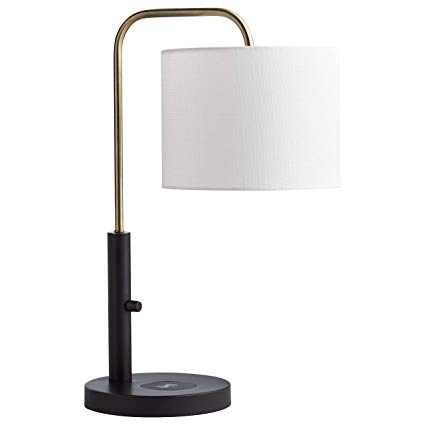 Rivet Modern Table Lamp, 21"H, With Bulb, Black & Antique Brass with Linen White Shade, Wireless Charging