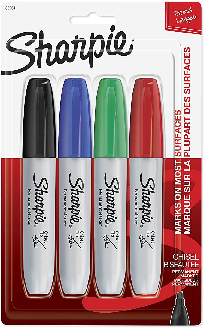 Sharpie Marker Permanent, Chisel Tip Permanent Marker Chisel, 4-Carded, Assorted Inks (38254PP)