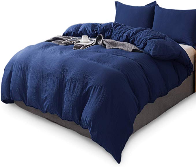 KASENTEX Bedding Duvet Cover 100% Washed Microfiber Ultra Soft Hotel Luxury Comforter Cover in Solid Colors with Zipper Closure & Corner Ties King Duvet Cover Set with Two King Shams, Dark Blue