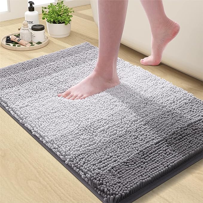 OLANLY Bathroom Rug, Extra Soft Chenille Thick Absorbent Shaggy Mat, Non-Slip Machine Wash Dry Plush Bath Mats for Bathroom, Tub and Shower (24 x 16 Inch, Grey)