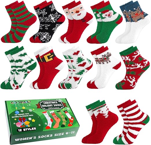 Cooraby 12 Pairs Women's Christmas Socks Holiday Warm Cozy Soft Socks for Girls Women Christmas Gifts