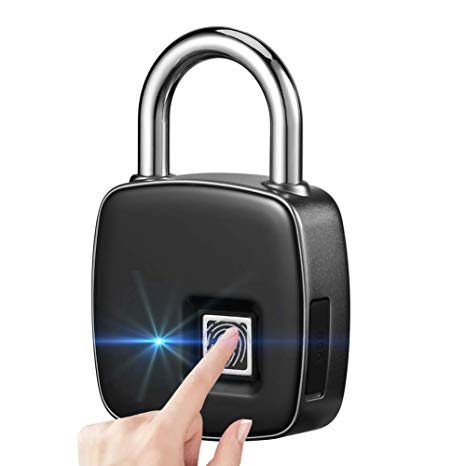 Smart Fingerprint Lock Biometric Portable Waterproof Padlock with Finger Print Control Safe Outdoor Security Touch Keyless Lock with Long Standby Time & USB Charging for Gym Office Cabinet Box - Black