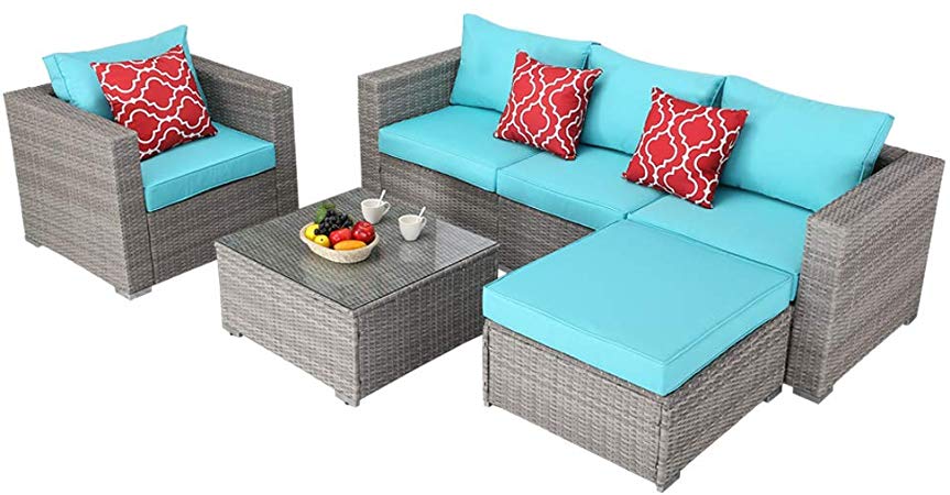 Do4U Patio Furniture Set 6-Piece Outdoor Lawn Backyard Poolside All Weather PE Wicker Rattan Steel Frame Sectional Cushioned Seat Sofa Conversation Set (Gray-Turquoise)