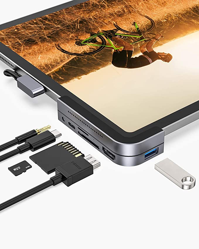 RCA iPad Pro USB C Hub, 6 in 1 Adapter with 4K HDMI, USB-C PD Charging and Data Transfer, USB 3.0, SD&TF Card Reader, 3.5mm Headphone Jack for iPad Pro, MacBook Pro and Other Laptops