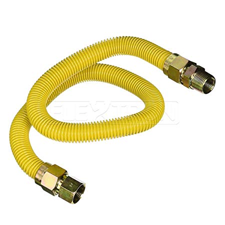 Flextron FTGC-YC-34-24P 24 Inch Flexible Epoxy Coated High BTU Gas Line Connector W/ 1 Inch Outer Diameter & 3/4 Inch FIP x 3/4 Inch MIP Fitting, Yellow/Stainless Steel, Excellent Corrosion Resistance