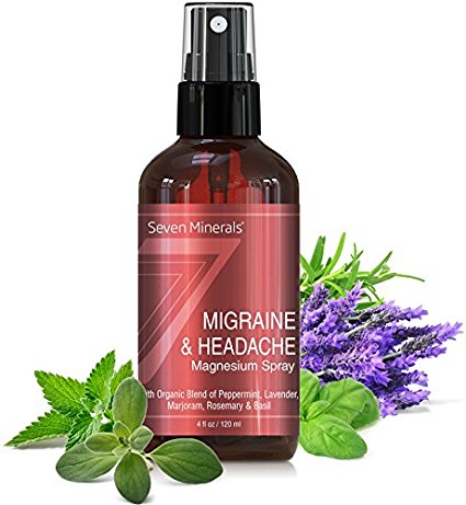 Migraine & Headache Pain Relief Magnesium Essential Oil Spray - 100% Natural & Organic - Made in USA - Free Guide Included (4 fl oz /120ml)