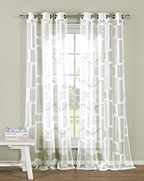 Set of Two (2) Pure White Sheer Window Curtain Panels: Burnout Geometrical Design, Silver Grommets, 80" x 84"